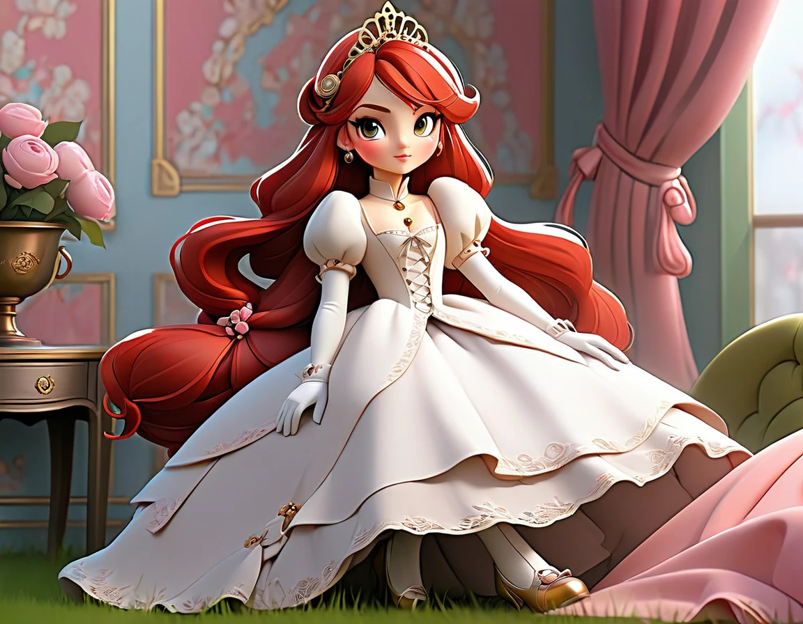 (best quality,4k,8k,highres,masterpiece:1.2),ultra-detailed, steampunk settings, Pretty 15 years old princess, drawn in anime style, she’s cute and joyful, smiling, long red pigtails hair, pink eyes, small breast, lipstick, makeup, pink eyeshadow, long eyelashes, dainty and delicate body, red princess gown with puffy sleeves, physically-based rendering,gorgeous dress design,flowing gown,elaborate lace details,rich textures,contrast stitching,delicate ribbon bows,floral accents,long maxi skirt,short sleeves,fitted waistline,lace-up back,luxurious fabrics,flawless silhouette, petticoat, bustle, corset, hair ribbons, white elbow gloves, ruby earrings and necklace, gold tiara, high heels, holding a magic fire wand, standing in princess bedroom with lacy curtains and red floral wallpaper.