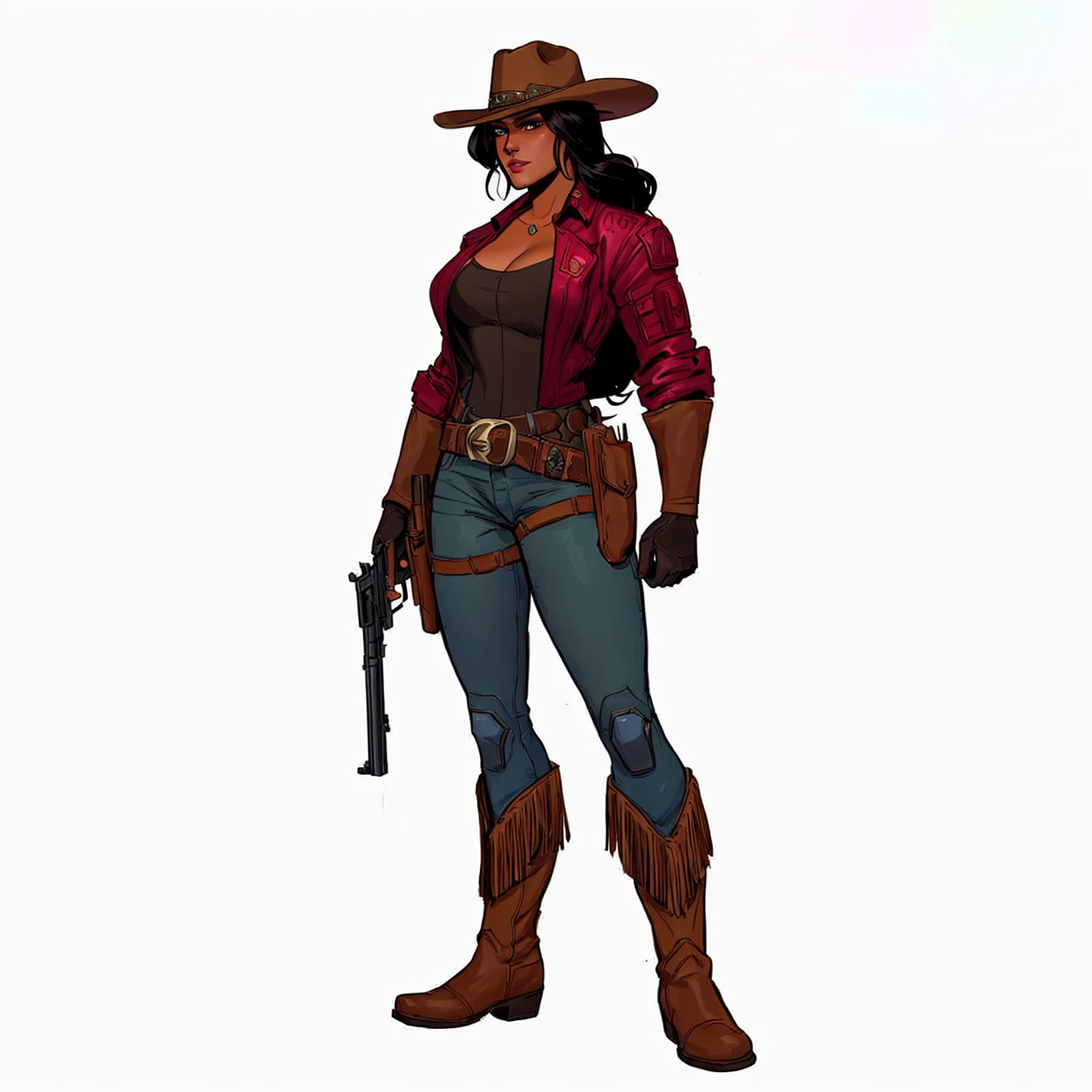 a cartoon of a woman in a cowboy outfit holding a gun, female sheriff, female cowgirl, post - apocalyptic cowgirl, cowgirl, female lead character, mccree from overwatch, character posing for concept art, jesse mccree, cow-girl, western cowgirl, disco elysium character, cyberpunk wild west, female character, western comic book style, official character art
