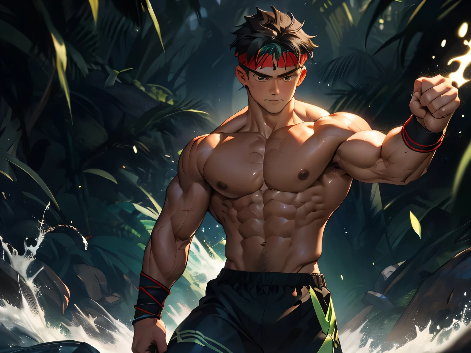 (Masterpiece, Best quality 17 year old boy, black background), Young, boy, muscler, Shirtless, topless, ((((solo, intense battle scene,heroic figure, surrounded by swirling green aura)))), (Dark Short straight hair, ((almost completely shaved hair)), under cut, brown eyes), (red headband, ((black wristband))), Vivid colors, ((hot Abs:1.2, abs!, big abs, big breast:1.2, chest!, muscler upper arms, clenched fist)), muscler!, muscler body, Man with martial arts stance, detailed face, detailed muscle, (((random fighting pose, powerful, action, rippling muscles, turquoise aura around body, concentrate, deep night, male focus, man of steel)))