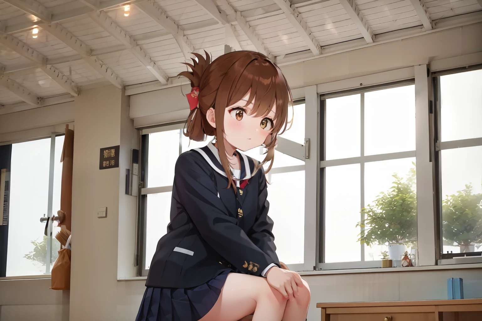 A female student in a sailor uniform sitting on the floor of the gymnasium and watching a physical education class because she feels unwell,(masterpiece, best quality:1.2),illustration,8K,HD,1girl,独奏,upper body,(portrait:1.2),brown_hair,folded_ponytail,brown_eyes,serafuku,long_hair,school_uniform,skirt,pleated_skirt,