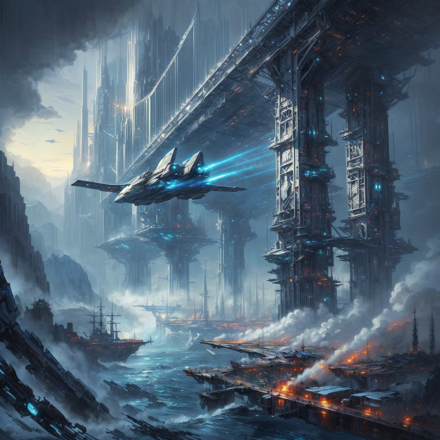 spaceship flying over a city with a bridge in the background, beautiful sci fi art, sci fi artwork, sci-fi fantasy art, sci-fi fantasy wallpaper, epic scifi fantasy art, sci fi art, in a sci-fi shipping port, mystical sci-fi concept art, epic fantasy sci fi illustration, industrial scifi, bastien grivet