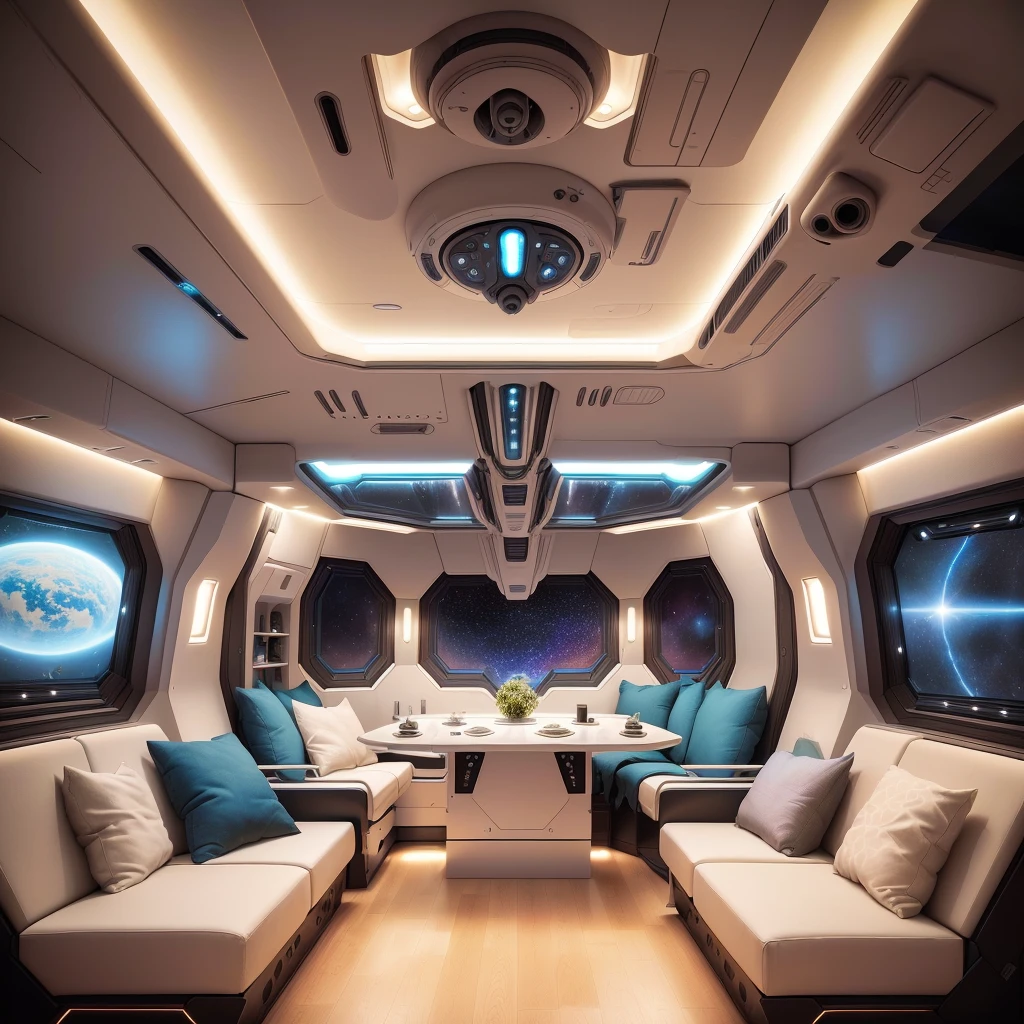 There is a living room,There is a sofa and a table inside, In spaceships, In a spaceship, Spacecraft interior, High-tech spaceship interior, detailed Spacecraft interior, Interior of an alien spaceship, space station interior, Futuristic spaceship interior, Spaceship Room, Futuristic interior, In a futuristic spaceship, space station interior, Sci-fi interior