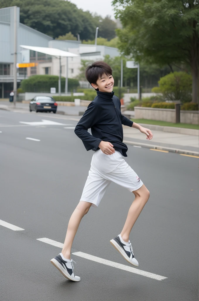 12-year-old boy,Smile,Spread your white and slender legs,jogging,full body,8K五官精致,Handsome boyish feeling,8K,masterpiece,((best quality)),photography,