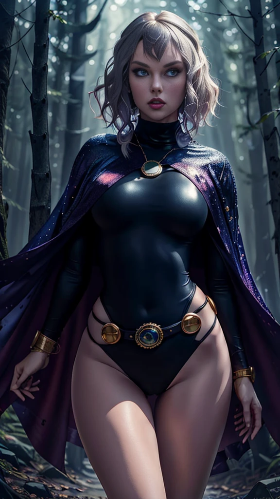 (Taylor Swift), cowboy shot of rvn, hotraven, pale skin, black swimsuit, turtleneck, tights, cape, glowing eyes, gold belt, jewels, medallion, (big breasts),(athletic and fit body), looking at viewer, night, dark forest, mist, fog, volumetric lighting, best quality, masterpiece, intricate details, tonemapping, sharp focus, hyper detailed, realistic