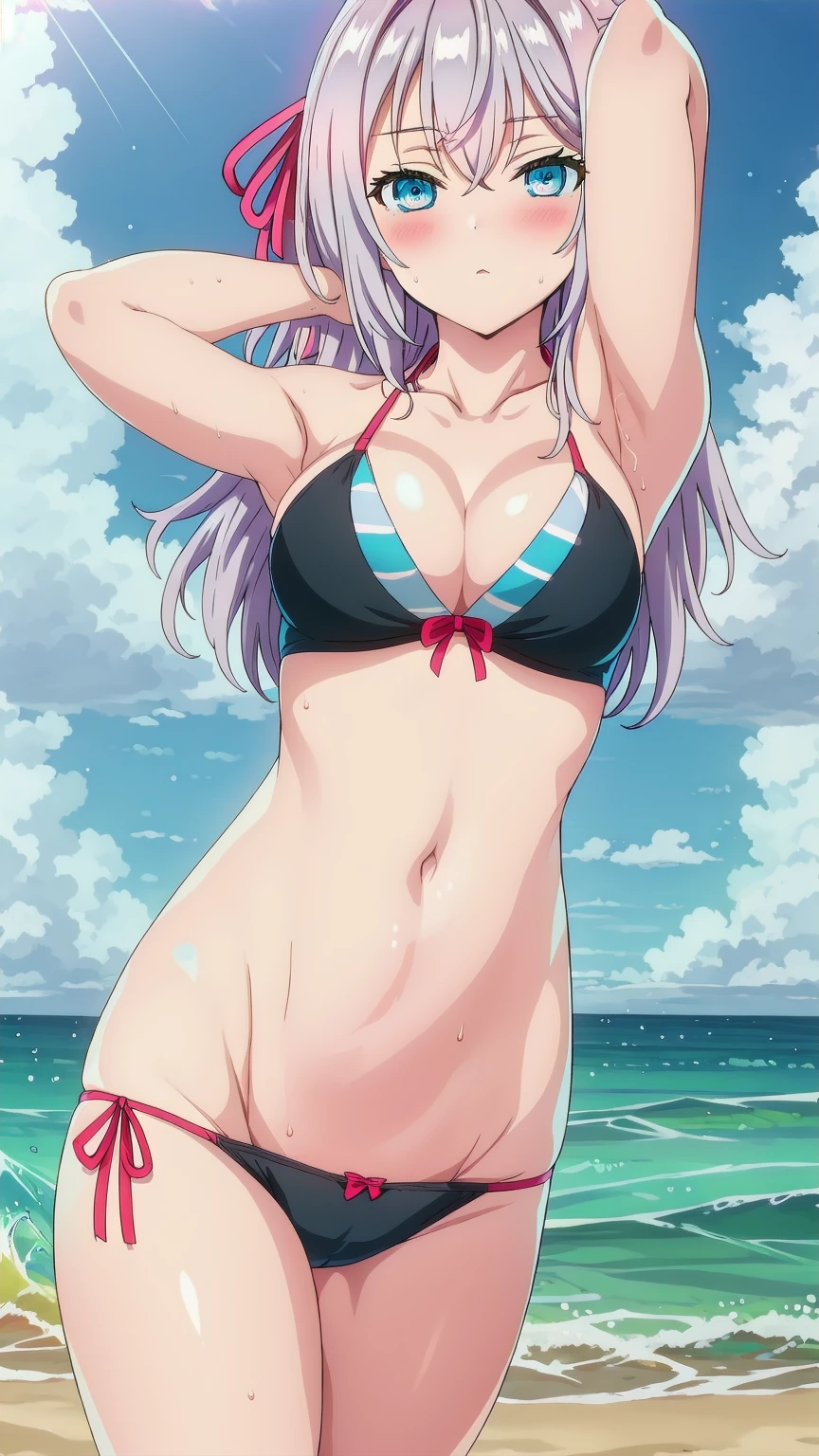 blue eyes, white hair,bangs,Long hair,hair ribbon,braid,blush,looking at the viewer, blue theme, blue background, cloudy sky, sunlight, sweat, orgasmic, bikini swimsuit,bikini,medium breasts, cleavage, belly button exposed, collarbone, thighs, sea ,wave,Hands behind head, armpits,head, Wave, splashe,