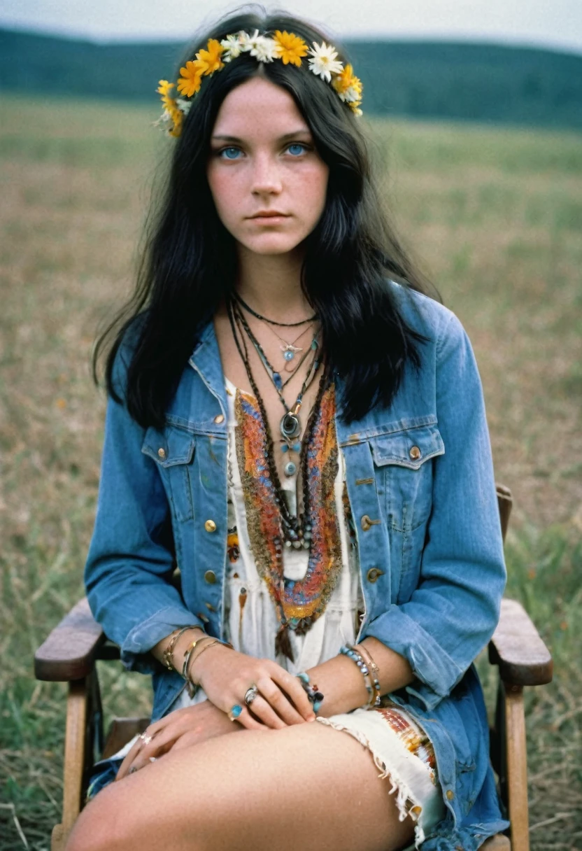 Imagine a beautiful 18 years old american hippie girl sitting in rows of foldable ron chair in 1969, on a concert hall outdoor, long and sleek straight black hair, blue-grey eyes, ultra realistic eyes, white skin, natural makeup, wearing hippie clothes, a summer dress, a worn jeans hippie jacket, pyschedelic jewelry, hippie earings, hippe necklace, ultra detailed face, ultra realistic skin, runner's body, small perky breasts, 8K, ultra high res.photorealistic, UHD close-up shot, lookingt at viewer, hovering gaze, stoned face, relaxed, (peace and love, woodstock 1969 vibes, outdoor rock concert in the background:1.3), RAW photo, sharp