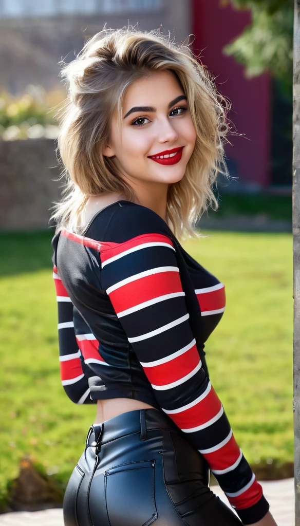 ultrarealistic high quality full body photo of a beautiful super busty slim european 19-year-old woman with cute hyperdetailed shy face and blond brown shoulder length messy hair and shy smile, realistic round black eyes, red lips, dark eye makeup with eyeliner, wearing striped longsleeve and faux leather leggins, hourglass body, tanned, outdoor photography