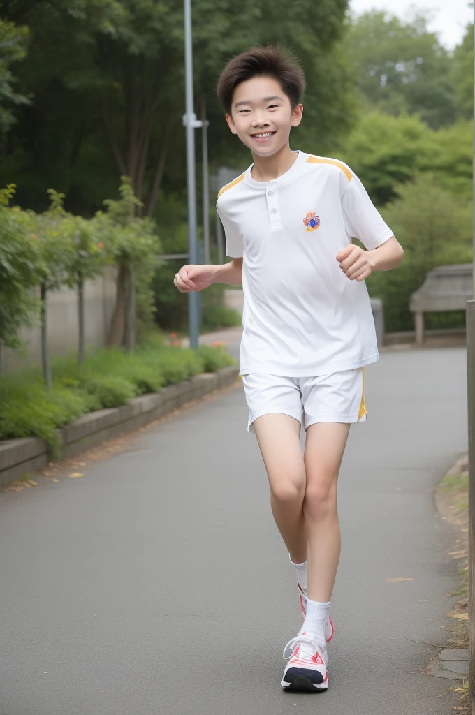 12-year-old boy,Smile,Spread your white and slender legs,jogging,full body,8K五官精致,Handsome boyish feeling,8K,masterpiece,((best quality)),photography,