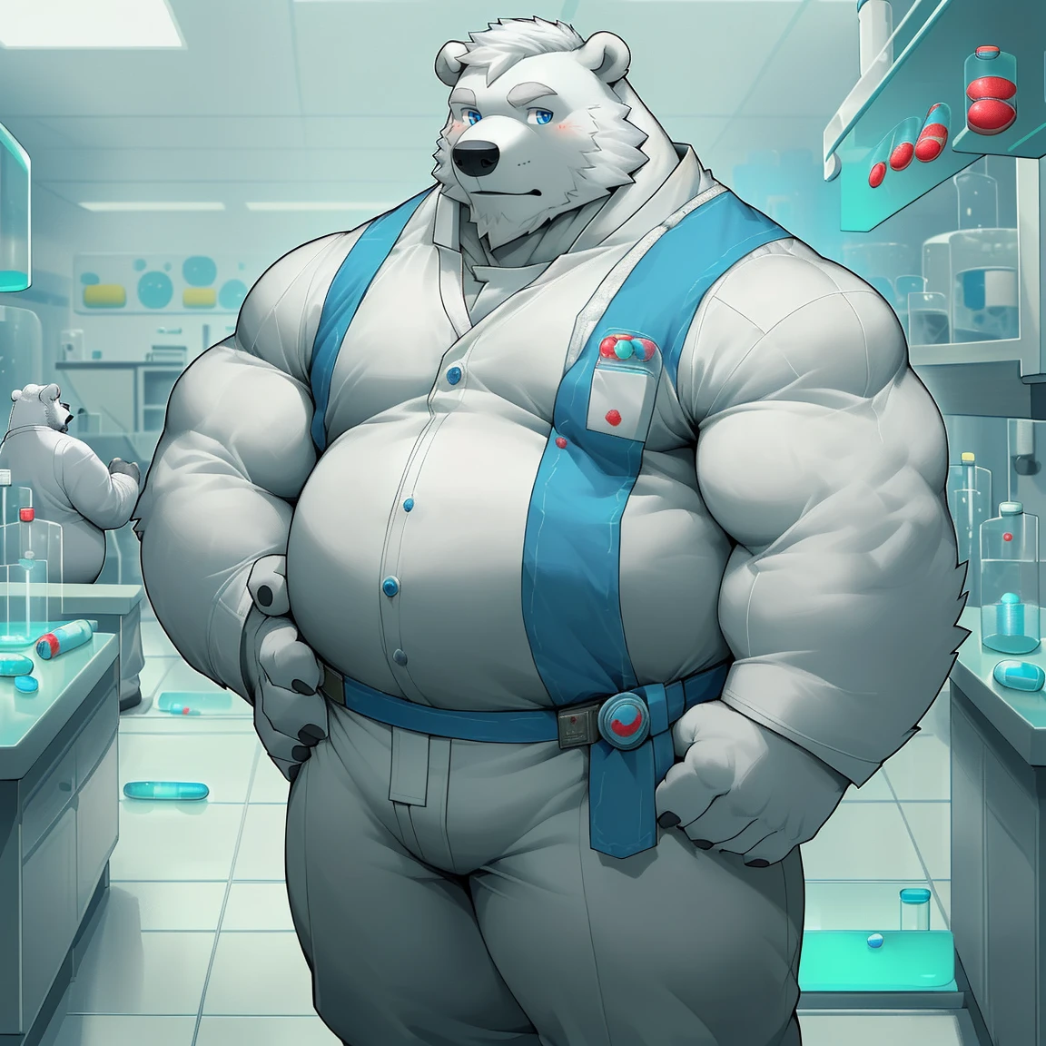 masterpiece, best quality, 8k resolution, Very detailed, hairy，(((polar bear))，(((Mature)))，(((beard))),(((fat)))，(((White hair all over body)))，(((portrait)))，(((White hair)))，(((Standing))),(((Bodyguard clothing)))，(((Blue Eyes)))，(((Left hand on waist)))，Highest quality scene，(((Hip bulge))),(((Pills in right hand)))，(((Fat-enclosed muscle)))，(((Round face)))，(((laboratory)))，(((Experiment)))，(((Solitary)))