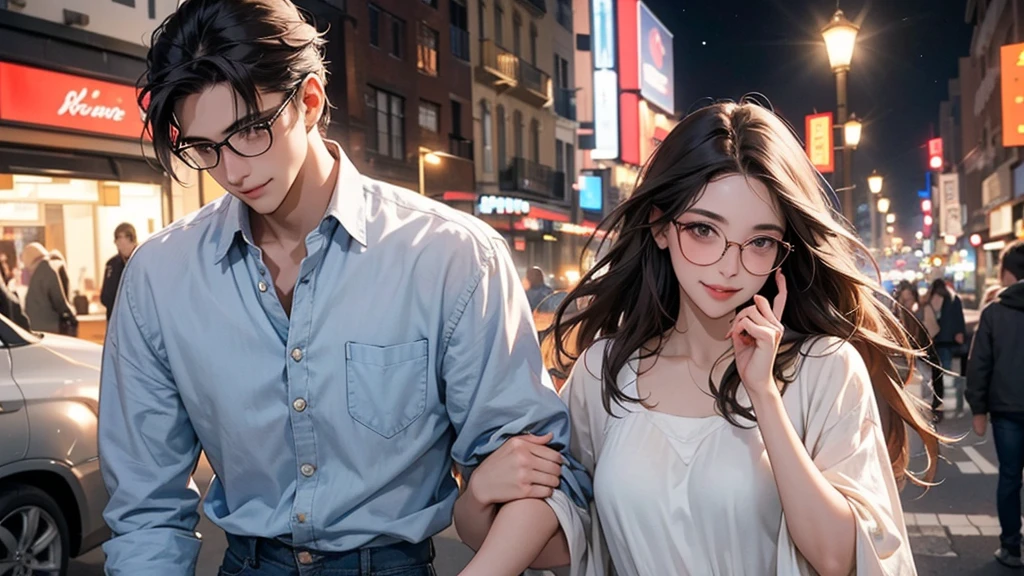 Picture a scene of a handsome, kind-looking man in his twenties, blushing. He wears black-rimmed glasses, which slide down his nose, but he covers his face with one hand, unconcerned. His hair is dark brown and softly textured. He is wearing a casual shirt and jeans. The background is a lively street with a fun and lively atmosphere. His expression is slightly flushed, with a shy smile visible, conveying a kind and friendly vibe. He is on a first date with a beautiful woman who does not wear glasses. She has long, flowing hair and dresses elegantly in a stylish dress. They walk side by side, hand in hand, through the bustling city. They look into each other's eyes, smiling warmly, eyes sparkling with interest. They are both a little nervous, but clearly enjoying each other's company. , radiating the happiness and excitement of a new relationship. There are attractive street lights in the surrounding area, stores, and pedestrians, creating a lively and romantic atmosphere.
