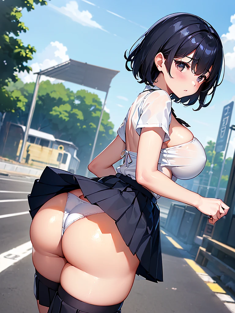 ((Behind the back of a beautiful woman、Buttを強調、Butt、Big Breasts、Navy Pleated Skirt、White short-sleeved shirt、White thong、School zone、station、Urban area、Thighs、Black Hair、tits、Big Breasts、Cleavage、Strong winds))