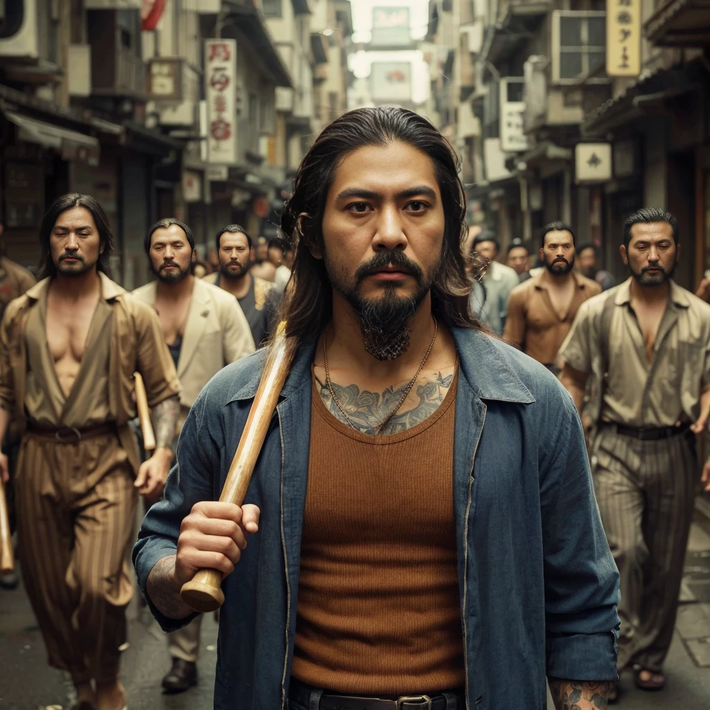 close up picture, Yakuza with long hair, mustache and beard, wearing a brown undershirt, wearing a blue jacket, holding a baseball bat leading dozens of his men to prepare for battle, they walk through a narrow street on the edge of the city, you can see lots of yakuza men walking through the street The background is narrow. street on the edge of town, cinematic, realistic, very detailed
