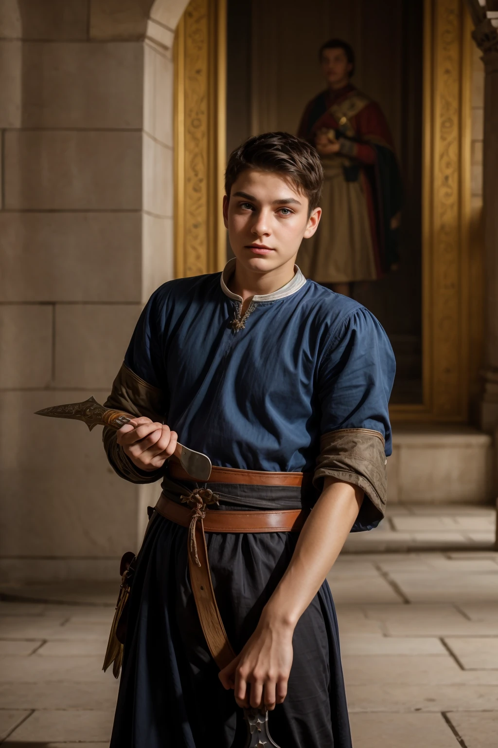 A cute male twink with a make-up face and black hair, wearing medieval combat clothing, in the royal palace, holding a plate-shaped sword in his hand.