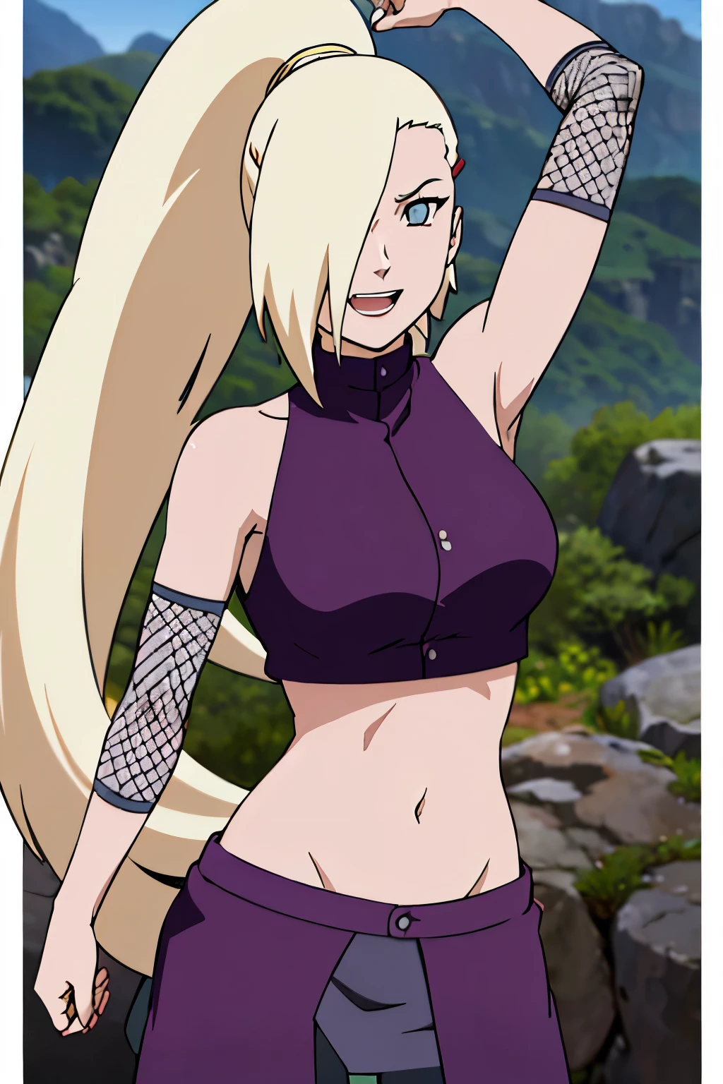 (uppercut, closed fist), Ino yamanaka, looking at the viewer, gorgeous, attractive, groin, cowboy shot, ultra detailed face, sunny day, day time, upper body view, anime style, solo, detailed flower field, blonde, (focus on face), ((one eye covered with hair, hair over eye, ponytail)), medium breasts, belly button, looking at the viewer, thick arms, (off-shoulders, wide shoulders, curving body), hidden eye, smile, open mouth, very happy, tall, hair clip, sharp look, sharp face, sharp eye, cold colors,
