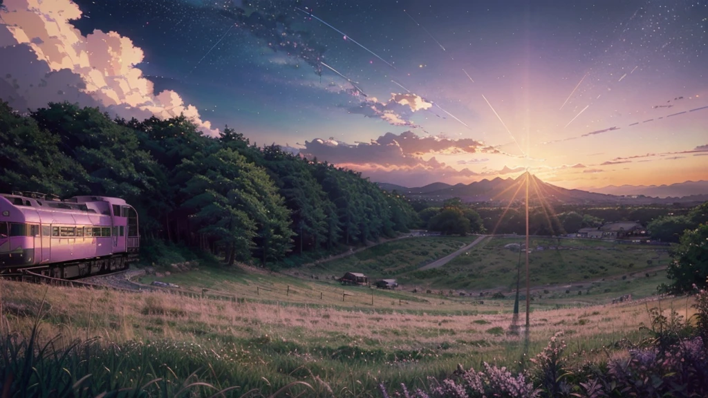 (((Makoto Shinkai style)),pixiv,anime drawing,high quality,pink purple sky,beautiful scene),(universe,train passing,magical realism,((makoto shinkai style)) ::0.8), [Artistic Atmosphere, Atmosphere:0.8, Starry Sky, Hills, Snow Mountain, Sparkling Water, Grass, Trees, Smoke, Stars, Low Angle of View, Specular Scattering,