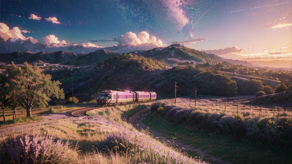 (((Makoto Shinkai style)),pixiv,anime drawing,high quality,pink purple sky,beautiful scene),(universe,train passing,magical realism,((makoto shinkai style)) ::0.8), [Artistic Atmosphere, Atmosphere:0.8, Starry Sky, Hills, Snow Mountain, Sparkling Water, Grass, Trees, Smoke, Stars, Low Angle of View, Specular Scattering,