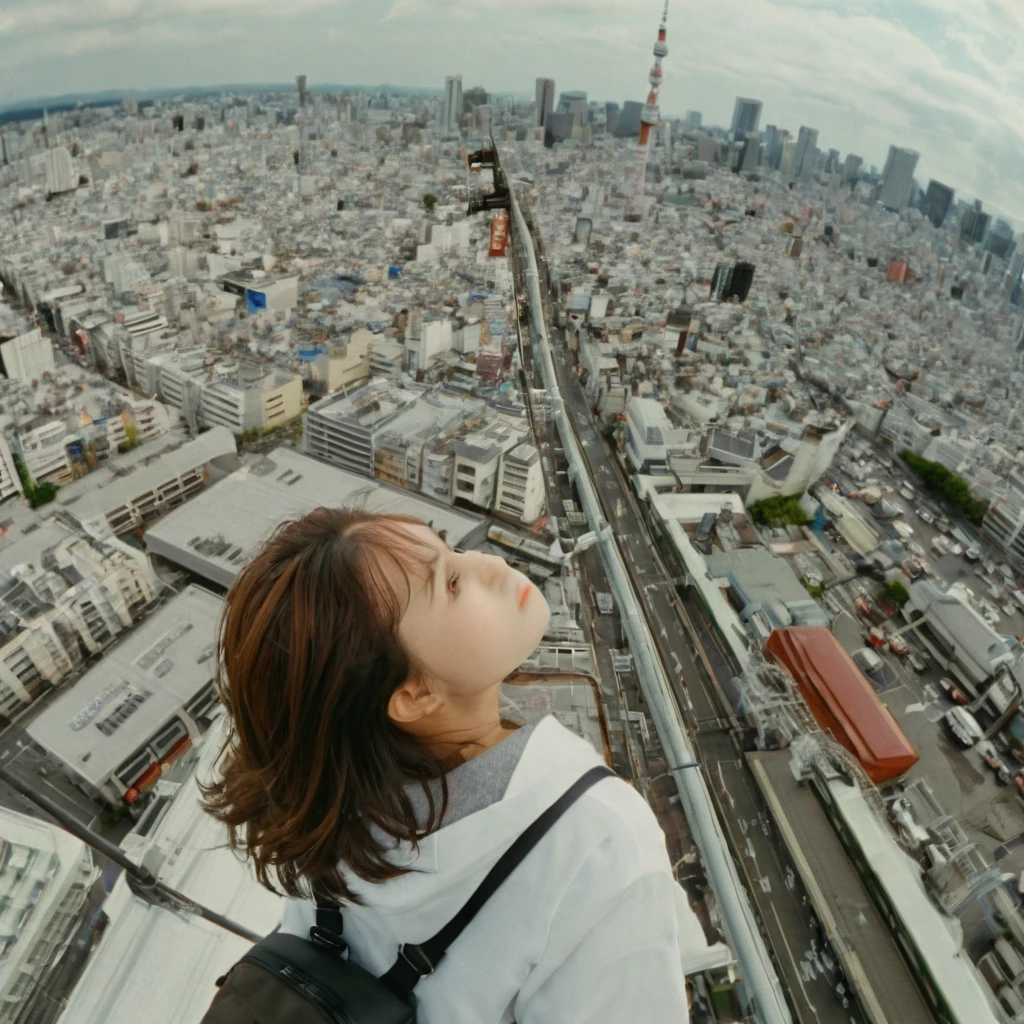 (masterpiece, best quality), (extreme high angle shot), shot from above, 1girl, standing, casual clothes, solo, billboard, brown eyes, brown hair, building, tokyo city, cloudy sky, from side, light frown, looking at viewer, outdoors, rooftop, sky, skyscraper