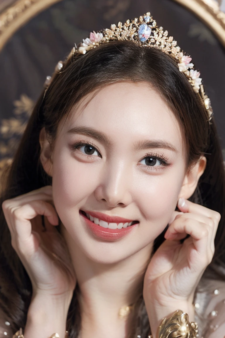 21yo girl, Wear a beautiful crown, long dress, in a kingdom