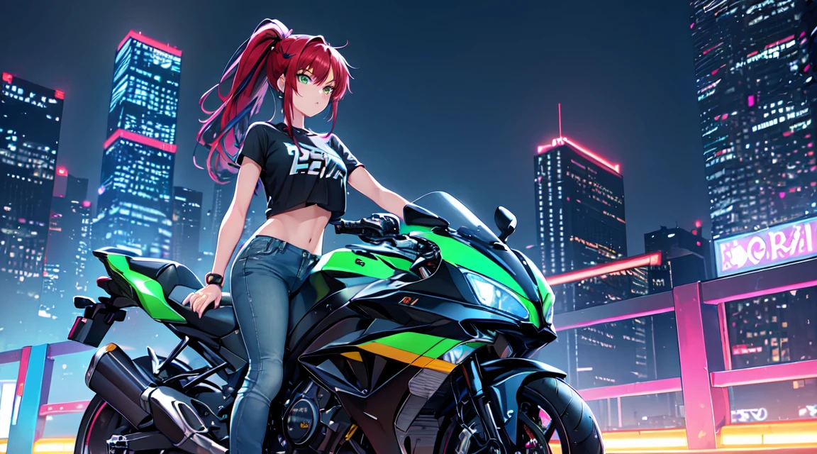 masterpiece, One girl ((20-year-old, Crop top T-shirt exposes navel, Tight blue jeans, boots, Medium chest, Multicolored red hair, ponytail, Green Eyes, cool, coolな笑顔, To the camera, Ride a futuristic motorbike in the middle of a modern city, Towering skyscrapers with neon lights, Modern and energetic atmosphere), ((at night))