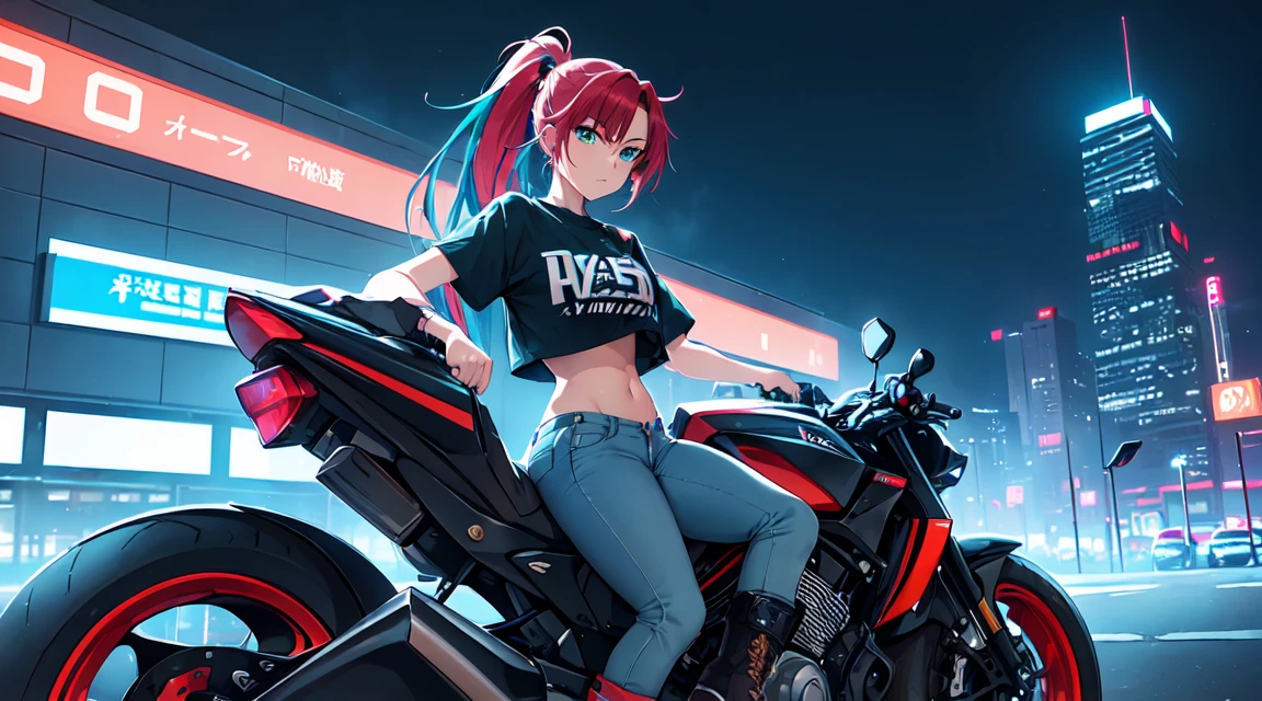 masterpiece, One girl ((20-year-old, Crop top T-shirt exposes navel, Tight blue jeans, boots, Medium chest, Multicolored red hair, ponytail, Green Eyes, cool, coolな笑顔, To the camera, Ride a futuristic motorbike in the middle of a modern city, Towering skyscrapers with neon lights, Modern and energetic atmosphere), ((at night))