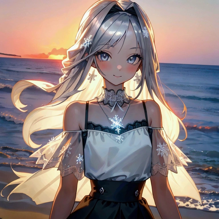 ((masterpiece, high quality)),((4k, detailed beautiful cute eyes, detailed sunset)),1girl standing at a beach side, looking at viewer, white skin, slightly parted gentle smile, silver long-hair, grey-bluish eyes, slender physique with naturally proportioned upper body, small-diamond snowflake necklace, white off-shoulder straps ruffled blouse, greyish high-waisted a-line mini skirt with lace trim.