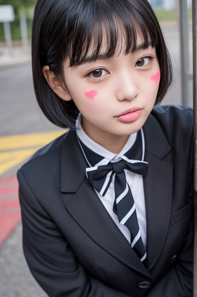 A high school girl with black hair, neat and tidy, short hair, and a uniform. She blushes, sticks out her tongue, and looks slightly upwards. She has semen on her face.