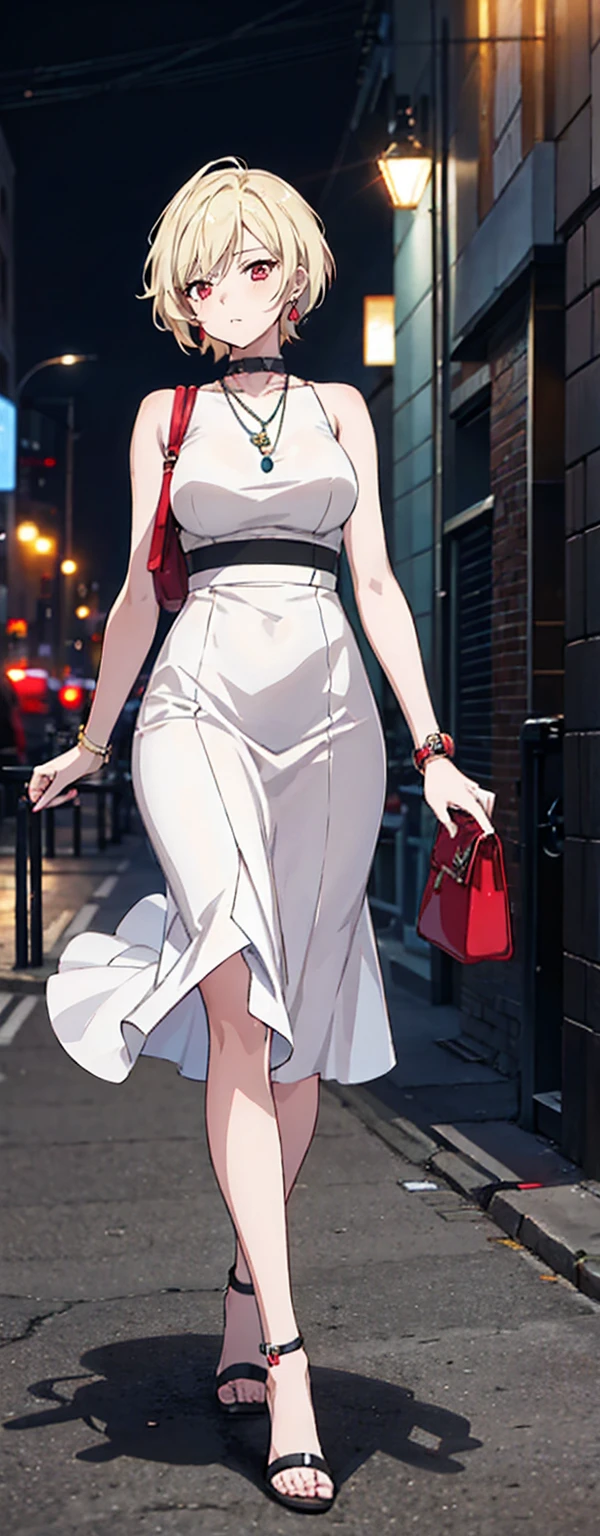 High resolution, High resolution,2D Anime Style,,Cool woman,Mature,,20th generation,short hair,Blonde,Red eyes,Beautiful Watches,Beautiful earrings,Street fashion,Walking,night,