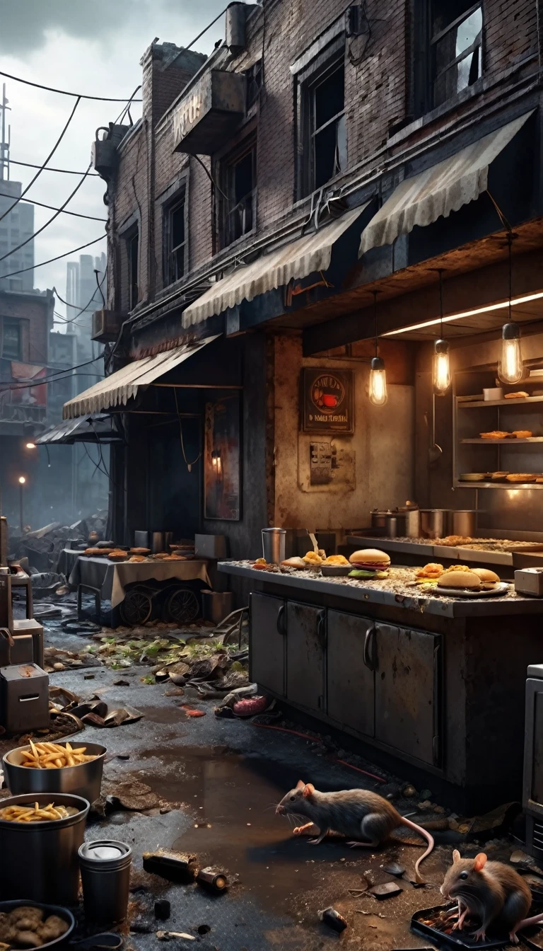 detailed post-apocalyptic ruined city, small fast food restaurant, dirt and debris on the ground, fast food worker, grilled mutant rats on the kitchen counter, (best quality,8k,highres,masterpiece:1.2),ultra-detailed,(realistic,photorealistic,photo-realistic:1.37),dystopian,gritty,dark,muted colors,dramatic lighting,cinematic