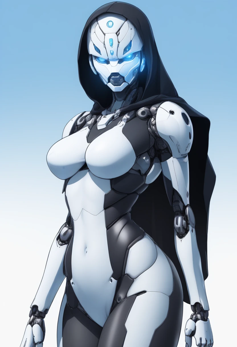 score_9, score_8_up, score_7_up, score_6_up, score_5_up, score_4_up, source_anime, 1girl, solo, solo, colored skin, white skin, robot, yellow eyes, glowing eyes, huge breasts, bodysuit, hood, hood up, cape, from front, side view, upper body, looking at viewer, 
light blue background, simple background,all fours,doggystyle 