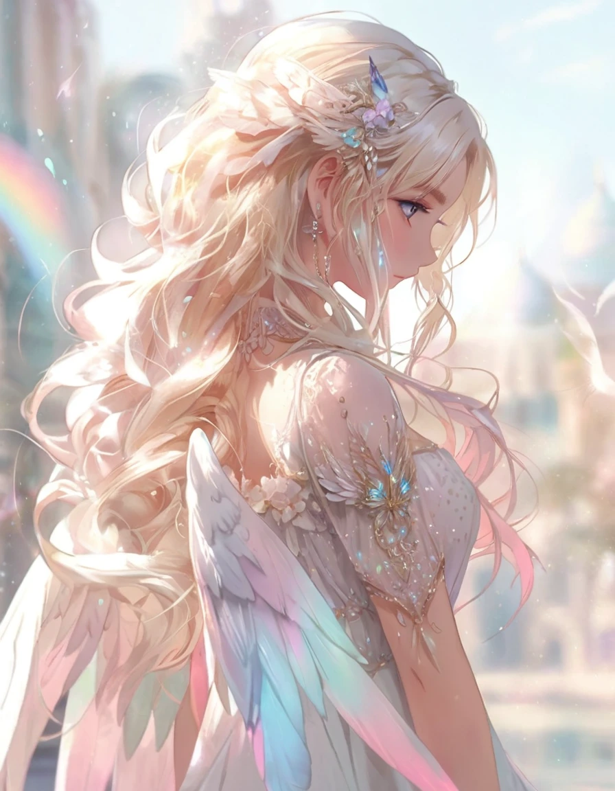 Anime girl in a dress with long blonde hair and wings, Beautiful fantasy anime, of an Beautiful angel girl, Anime fantasy illustration, of Beautiful angel, Beautiful angel, Beautiful fantasy art, Beautiful Anime girl, Fantasy art style, Anime fantasy artwork, Beautiful fairy, blonde anime girl with long hair, Beautiful Anime, Beautiful Anime woman, Blonde Princess