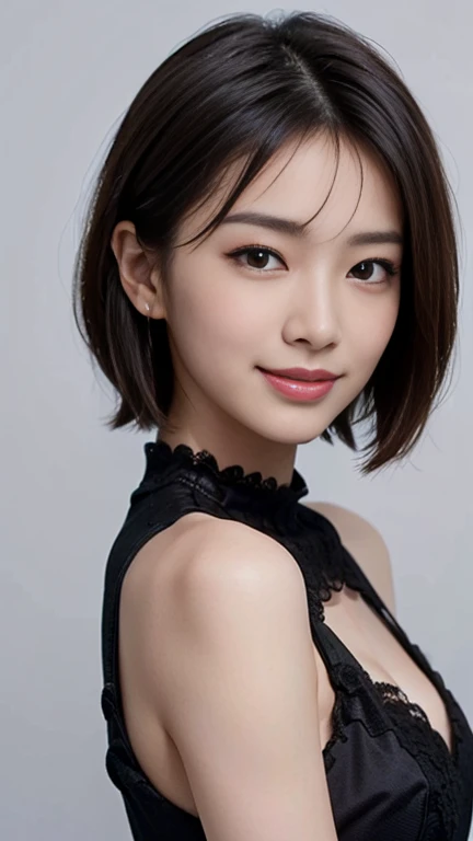 ((Highest quality、masterpiece、High resolution))、(((Zoom photo of upper body、Black Hair)))、(A shy smile:1.2)、One Woman、Beautiful Skin、Beautiful Eyes, Black Dress、Shorn bangs、short hair