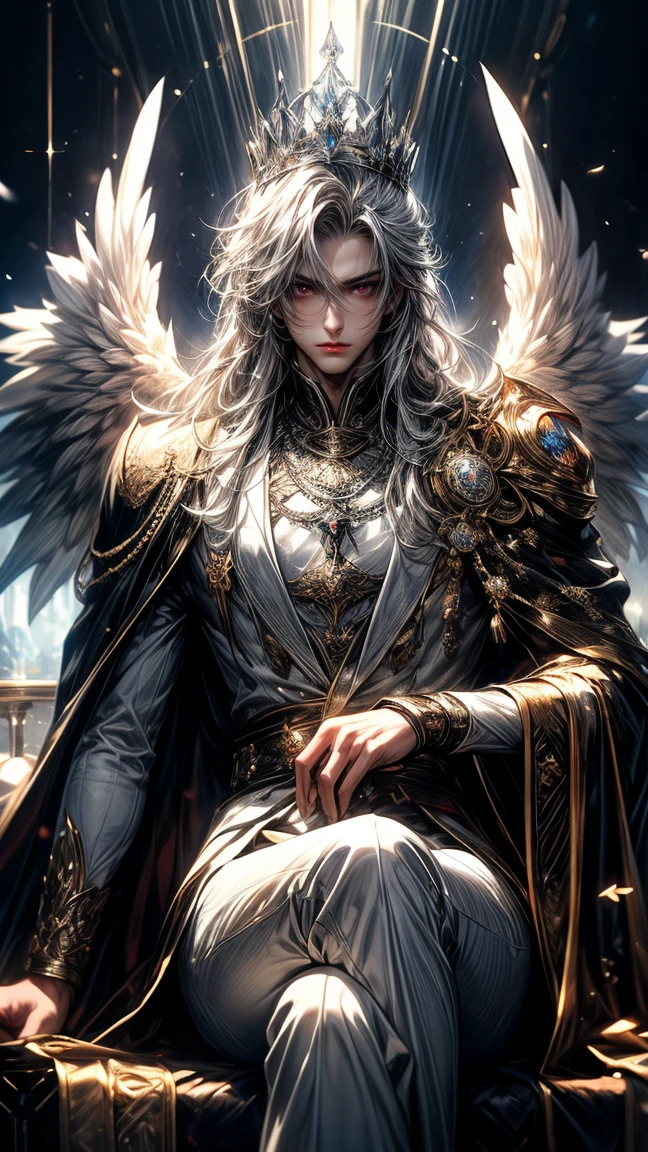 Masterpiece, best quality, high resolution, highly detailed, male, 1 man ( early twenties ), Good looking face, white long flowing hair ( light in the hair), silver colored eyes ( eyes that glow ), serious expression ( cold look ), pale white skin, the has large angel like wings on his back ( pay attention to the wings ), wearing a white hoodie, and white pants, black watch, surrounded by the splendors of the earth, wearing a crown made of transparent diamonds and sitting on a silver throne, pay attention to stunning details, and achieve a resolution of 128k, floating in a dynamic pose, high quality, with a majestic aura of authority.
