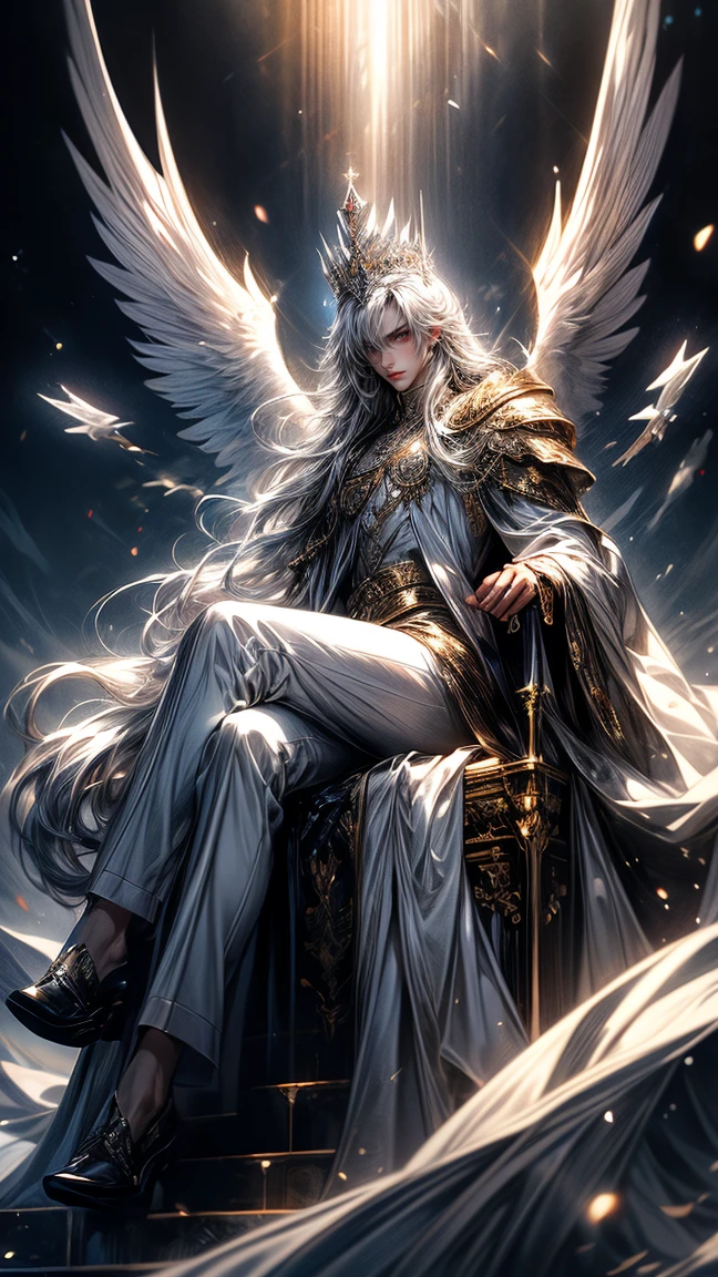 Masterpiece, best quality, high resolution, highly detailed, male, 1 man ( early twenties ), Good looking face, white long flowing hair ( light in the hair), silver colored eyes ( eyes that glow ), serious expression ( cold look ), pale white skin, the has large angel like wings on his back ( pay attention to the wings ), wearing a white hoodie, and white pants, black watch, surrounded by the splendors of the earth, wearing a crown made of transparent diamonds and sitting on a silver throne, pay attention to stunning details, and achieve a resolution of 128k, floating in a dynamic pose, high quality, with a majestic aura of authority.