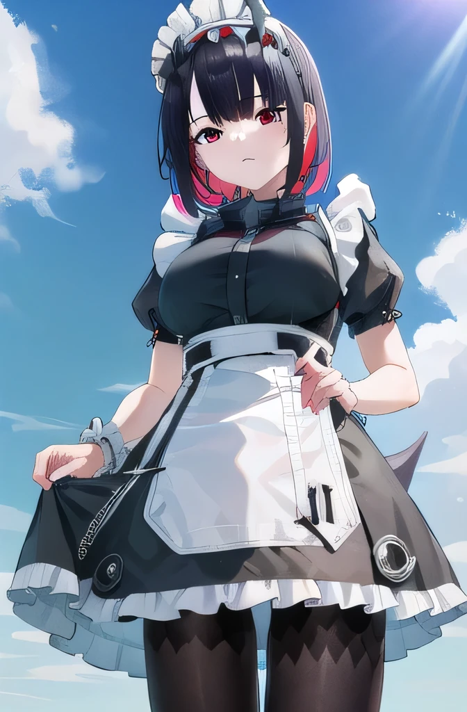 ellenjoe, ellen joe, giant girl, black hair, colored inner hair, multicolored hair, (red eyes:1.3), red hair, short hair, two-tone hair, big breast,
BREAK bapron, black pantyhose, black shirt, black skirt, ear piercing, fins, fish tail, maid, maid apron, maid headdress, pantyhose, piercing, puffy short sleeves, puffy sleeves, shark girl, shark tail, shirt, short sleeves, skirt, tail, two-tone hair, wrist cuffs,
BREAK outdoors, city, sky, clouds, sun, park
BREAK looking at viewer, (cowboy shot:1.5),
BREAK (masterpiece:1.2), best quality, high resolution, unity 8k wallpaper, (illustration:0.8), (beautiful detailed eyes:1.6), extremely detailed face, perfect lighting, extremely detailed CG, (perfect hands, perfect anatomy),