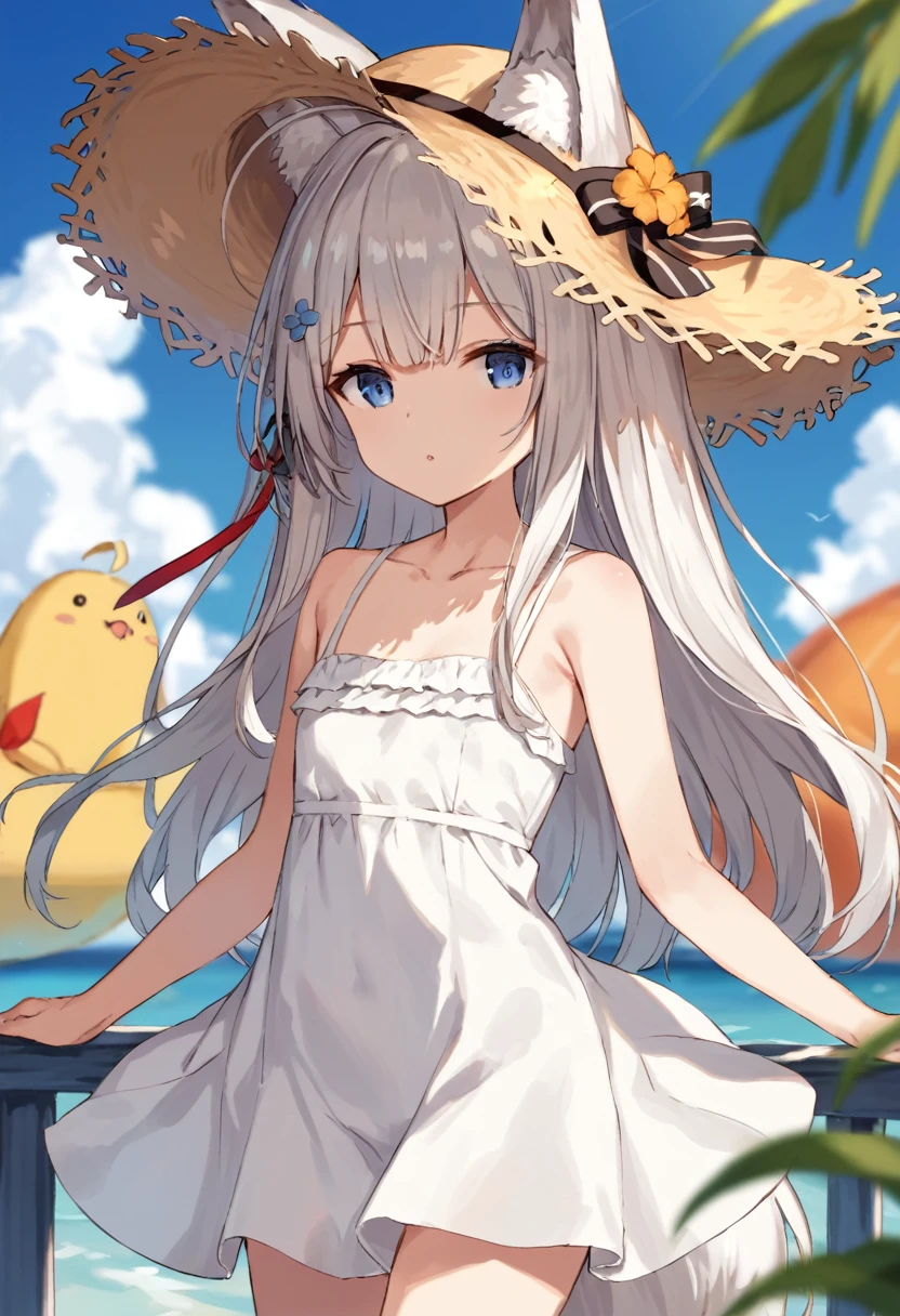 score_9,score_8_up,score_7_up,source_anime,cowboy shot,Idealized Forms,Natural Light,details background,blurry background,extremely detailed,kawakaze(azurlane),fox_girl,animal_ears,fox_ears,long_hair,bangs,blue_eyes,grey_hair,white_hair,ahoge,hair_between_eyes,Sharp Eyes,small brests,sidelocks,small breasts, flat chest,collarbone,summer dress,blue sky,shining,sun floer,Straw hat