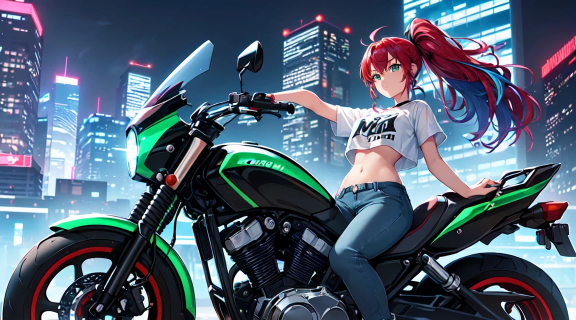 masterpiece, One girl ((20-year-old, Crop top T-shirt exposes navel, Tight blue jeans, boots, Medium chest, Multicolored red hair, ponytail, Green Eyes, cool, coolな笑顔, To the camera, Ride a futuristic motorbike in the middle of a modern city, Towering skyscrapers with neon lights, Modern and energetic atmosphere), ((at night))