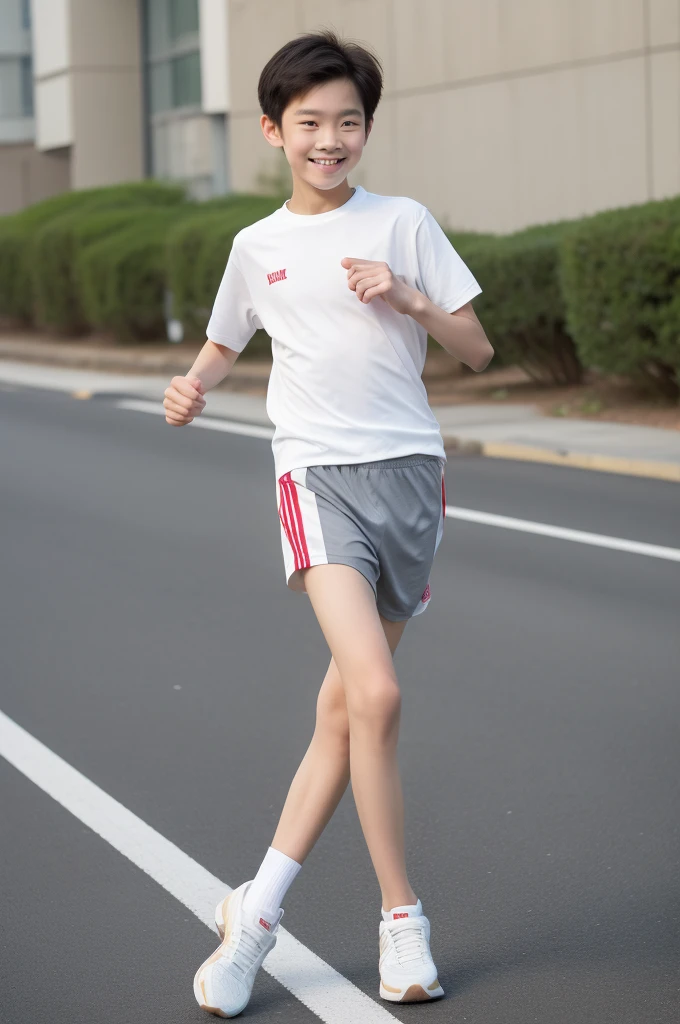 12-year-old boy,Smile,Spread your white and slender legs,jogging,full body,8K五官精致,Handsome boyish feeling,8K,masterpiece,((best quality)),photography,
