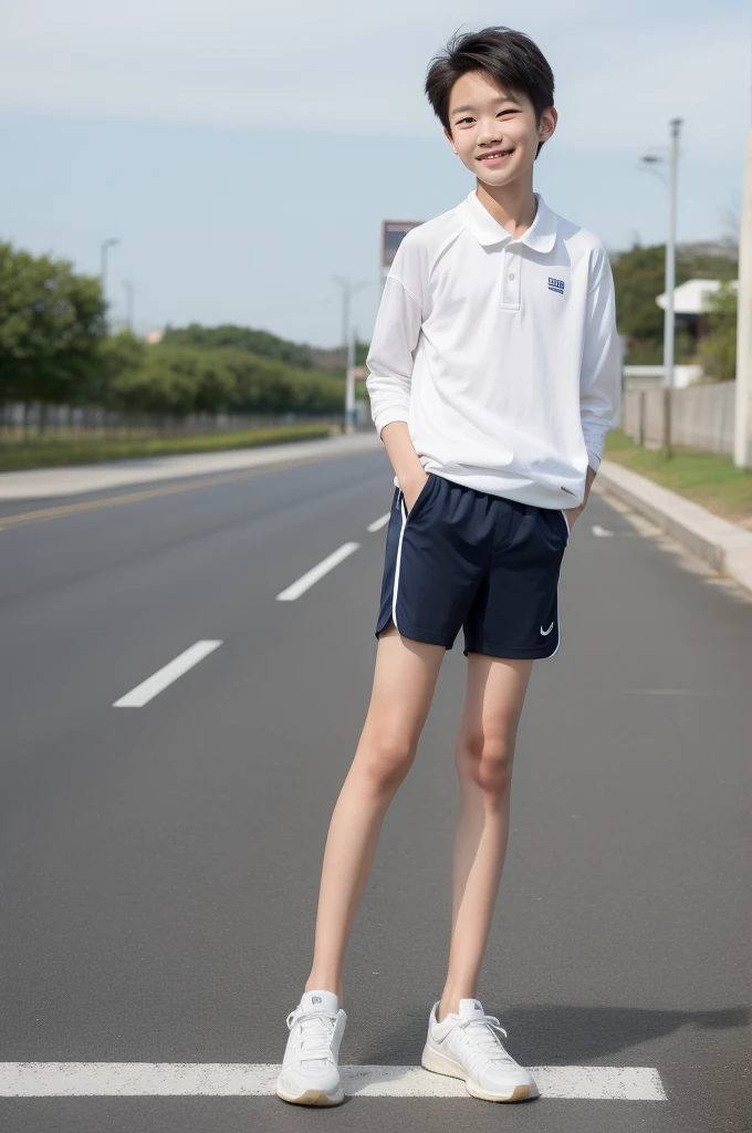 -yeld bomile,Spread your white and slender legs,jogging,full body,8K facial features are exquisite,Handsome boyish feeling,8k,masterpiece,((best quality)),photography,