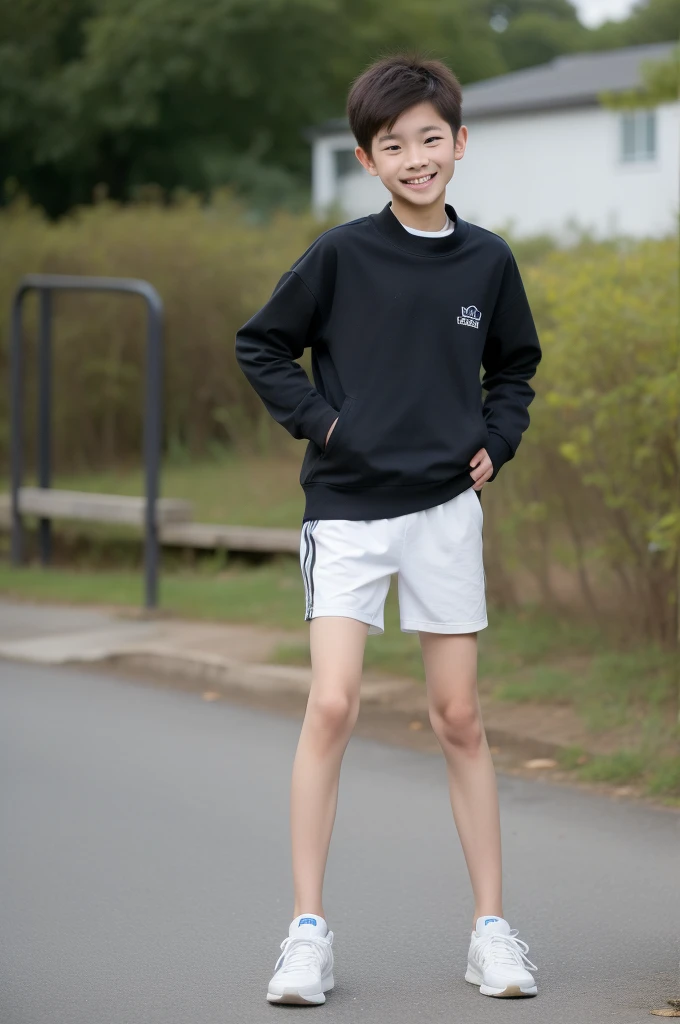 12-year-old boy,Smile，Spread your white and slender legs，jogging，full body，8K五官精致，Handsome boyish feeling，8K，masterpiece,((best quality)),photography,