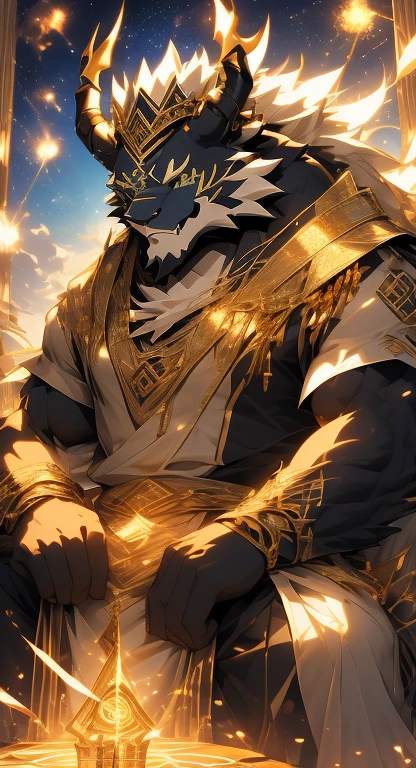 alone,masterpiece,Humanity,male,jaggers(black body),Highest quality, masterpiece, scale,Delicate face,Delicate eyes,High-density illustration, Full-body display,Beautiful yellow-green eyes, (Zoroastrian God:1.1, The great god of death),Strict,Strong body, (Open your eyes and laugh), Zoroastrian luxury clothing, On her head she wears a gorgeous crown of peridot.、He had a big stick, ((A stone monument with complex writing, pictures and a magic circle in the background,)), Old ruins,Daytime, 