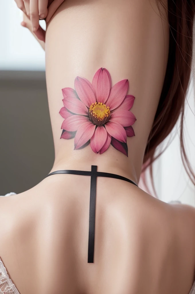 A pink flower on a cross tattoo