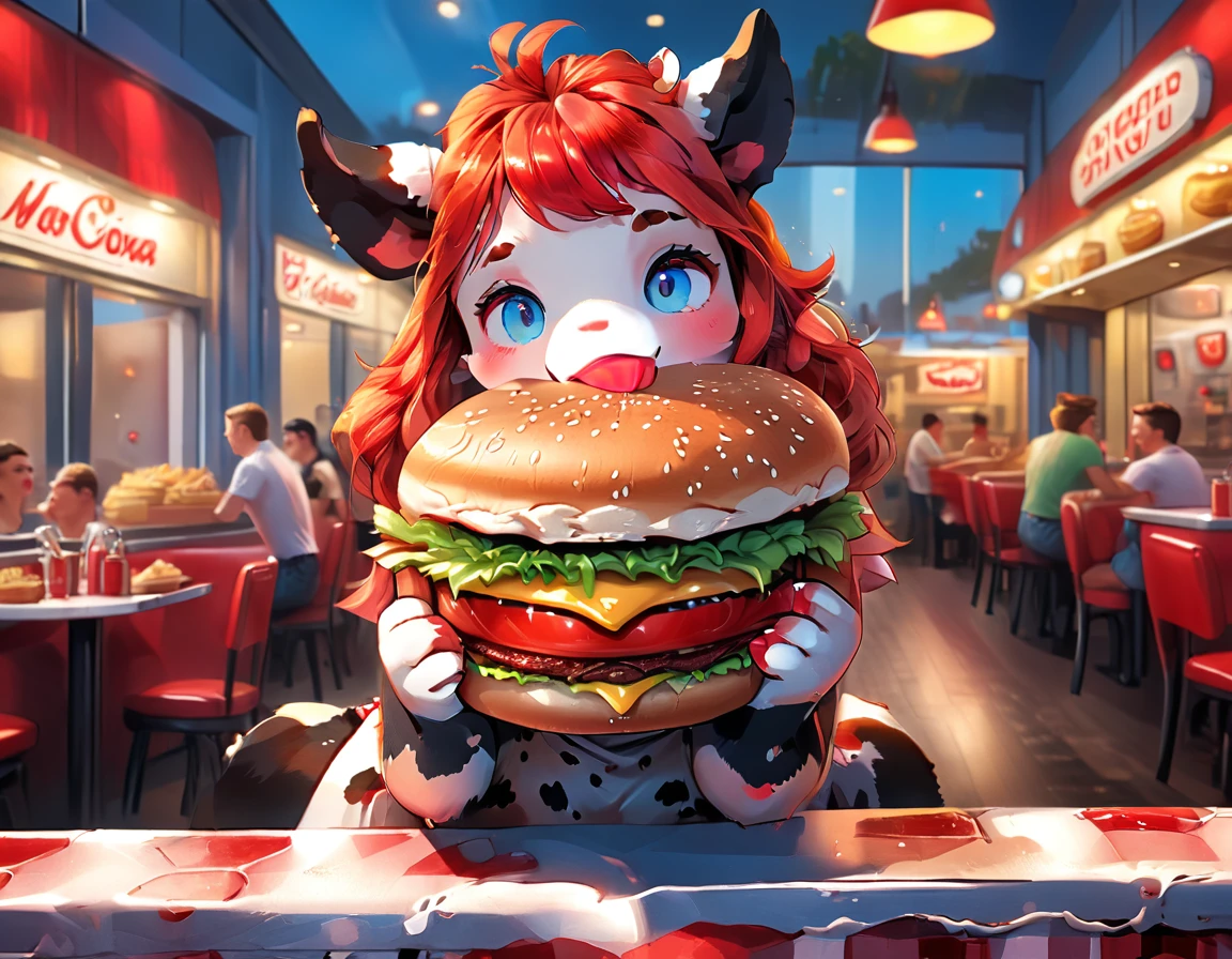 a 3D digital painting picture of extremely beautiful  (anthropomorphic cow:1.3) ((serving a big hamburger: 1.2)) in American diner, an exquisite beautiful female (cow anthropomorphic:1.3), ultra feminine ultra detailed face, red hair, short hair, little fury, red lips, blue eyes, wearing sexy white seductive latex dress, looking at a American  kitchen background,  dynamic angle, , award winning, best quality, high quality, high details, highres, vibrant, Ultra-high resolution, High Contrast, (masterpiece:1.5), highest quality, Best aesthetics, best details, best quality, highres, ultra wide angle, 16k, [ultra detailed], masterpiece, best quality,  photorealistic, 3D rendering, furry