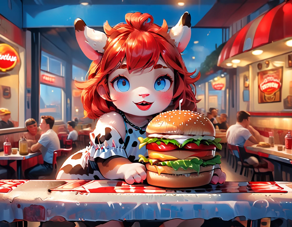 a 3D digital painting picture of extremely beautiful  (anthropomorphic cow:1.3) ((serving a big hamburger: 1.2)) in American diner, an exquisite beautiful female (cow anthropomorphic:1.3), ultra feminine ultra detailed face, red hair, short hair, little fury, red lips, blue eyes, wearing sexy white seductive latex dress, looking at a American  kitchen background,  dynamic angle, , award winning, best quality, high quality, high details, highres, vibrant, Ultra-high resolution, High Contrast, (masterpiece:1.5), highest quality, Best aesthetics, best details, best quality, highres, ultra wide angle, 16k, [ultra detailed], masterpiece, best quality,  photorealistic, 3D rendering, furry