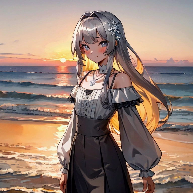 ((masterpiece, extremely high quality)),((4k, detailed beautiful cute eyes)),((cinematic view, high detailed sunset)),1girl standing at a beach side, looking at viewer, white skin, slightly parted gentle smile, silver long-hair, grey-bluish eyes, slender physique with naturally proportioned upper body, small-diamond snowflake necklace, white off-shoulder straps ruffled blouse, greyish high-waisted a-line mini skirt with lace trim.