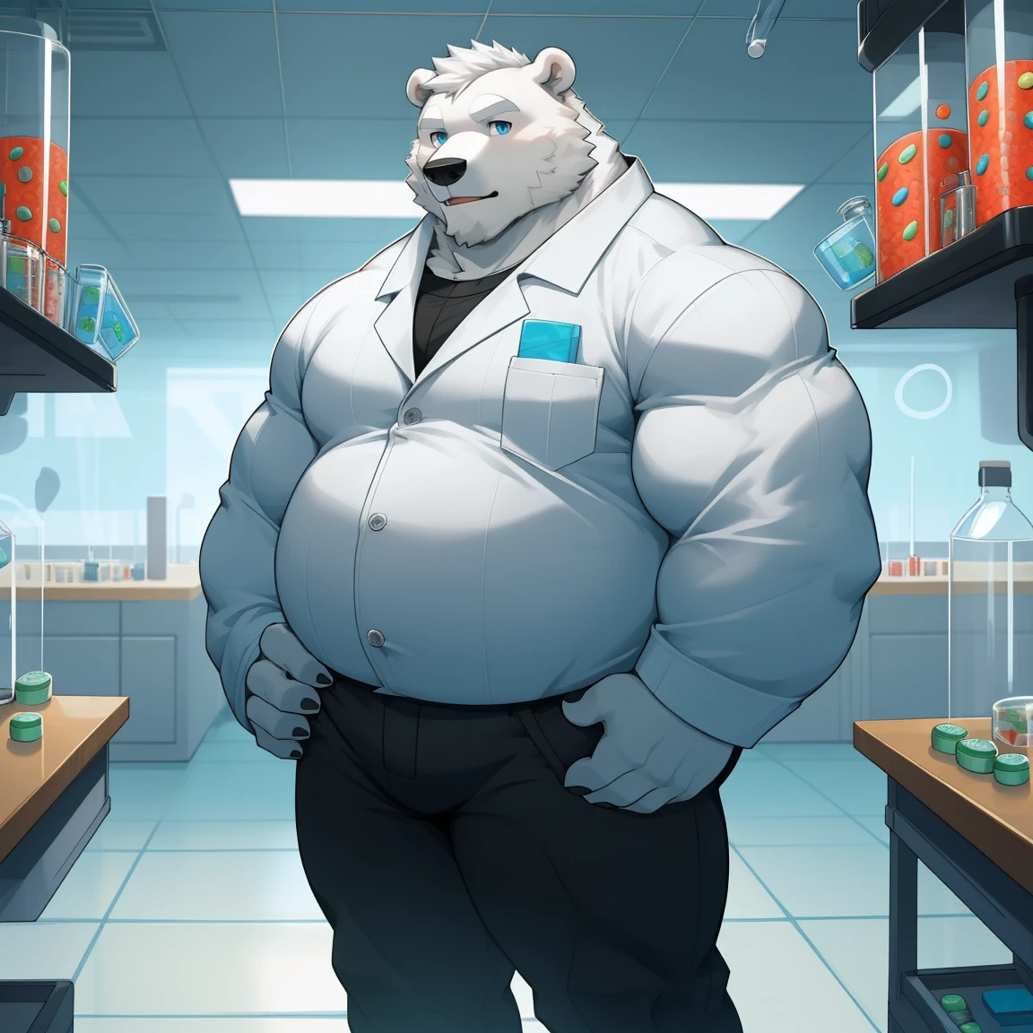 masterpiece, best quality, 8k resolution, Very detailed, hairy，(((polar bear))，(((Mature)))，(((beard))),(((fat)))，(((White hair all over body)))，(((portrait)))，(((White hair)))，(((Standing))),(((Black long sleeve)))，(((Black trousers))),(((Blue Eyes)))，(((Left hand on waist)))，Highest quality scene，(((Hip bulge))),(((Pills in right hand)))，(((Fat-enclosed muscle)))，(((Round face)))，(((laboratory)))，(((Experiment)))，(((Solitary)))