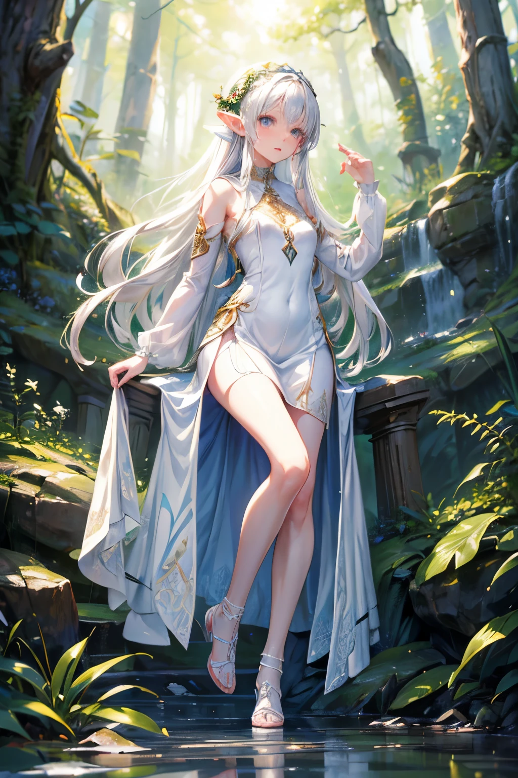 masterpiece,Highest quality,Very detailed,Elf Beautiful Girl,Beautiful white dress, teenager,Long straight silver hair,Beautiful and detailed eyes,skinny,Small breasts, full body,Dynamic,Forest Lakeside