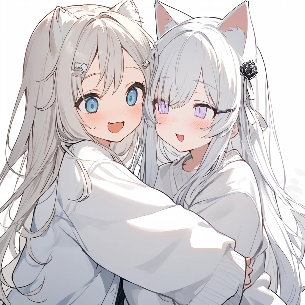 2girls,cat ear,long hair, White hair,White inner hair, open mouth, smile, flustered, Illustration where the pupil does not overlap the lower lash line, The lower half of the eye is white, vacant eyes,GLAY eyes, oversized clothes, sleeves past wrists, , White cardigan, White ribbon, piercing, stuffed animal, White background, 2girls, solo, hairpin,Embrace,cat ear,style5,
