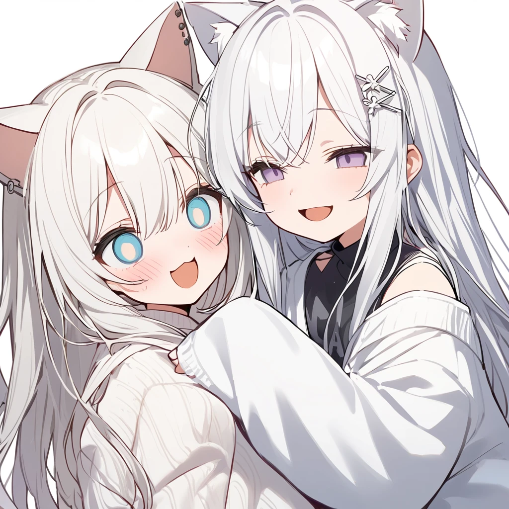 ２girls，cat ear，long hair, White hair,White inner hair, open mouth, smile, flustered, Illustration where the pupil does not overlap the lower lash line, The lower half of the eye is white, vacant eyes,GLAY eyes, oversized clothes, sleeves past wrists, , White cardigan, White ribbon, piercing, stuffed animal, White background, ２girls, solo, hairpin，Embrace，cat ear,style5,