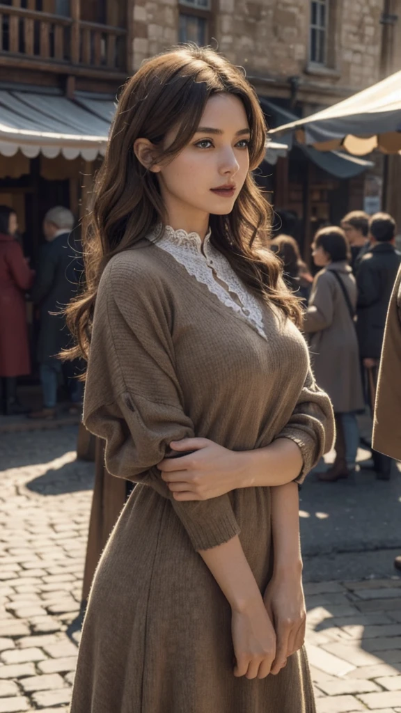 1girl, solo, Rustic homespun dress in earthy brown, made from coarse wool, with a loose smock-like fit, high waistline, and three-quarter length sleeves, Madame, Average Height, Lean, Triangular Face, Tan Skin, Honey Blonde Hair, ice blue Eyes, [[Curved Nose]], Full Lips, Round Chin, Long Hair, Thick Hair, Tapered Afro, natural breasts, , black sheer lipstick, Bending sideways with one arm reaching overhead, Enchanting medieval marketplace bustling with merchants and lively townsfolk, angry, proud, :] , breathtaking, intricate details, absurdres, highres, ultra detailed, highest quality, amazing details. [The character (complete) is surrounded by mist, evoking a mysterious and eerie atmosphere. The lighting is dark and atmospheric, with a red smoke adding a touch of sinister ambiance. Best quality image, with a resolution of 4k and HDR enhancement, showcasing the utmost level of detail and realism, full body shot:1.5]. [8K, Best Quality, Ultra High Resolution, (highly detailed CG unity 8k wallpaper), (best photo), (best shadows), isometric 3D, octane rendering, ray tracing, highly detailed, (Best quality, 4K, 8k:1.2), absurdity, ultra detailed, (realistic, photorealistic, photorealistic:1.37), complex parts, HDR, (complex parts:1.12), (hyper detailed, hyper realistic, Soft lighting, spicy:1.2), (complex parts, Hyper detailed:1.15). Blurred foreground. (backlit), masterpiece, high quality, brightness, chromatic aberration, 8k uhd, foggy smoke, shadows, contrast, clear sky, (warm hue, warm tone), high details, natural reflections].