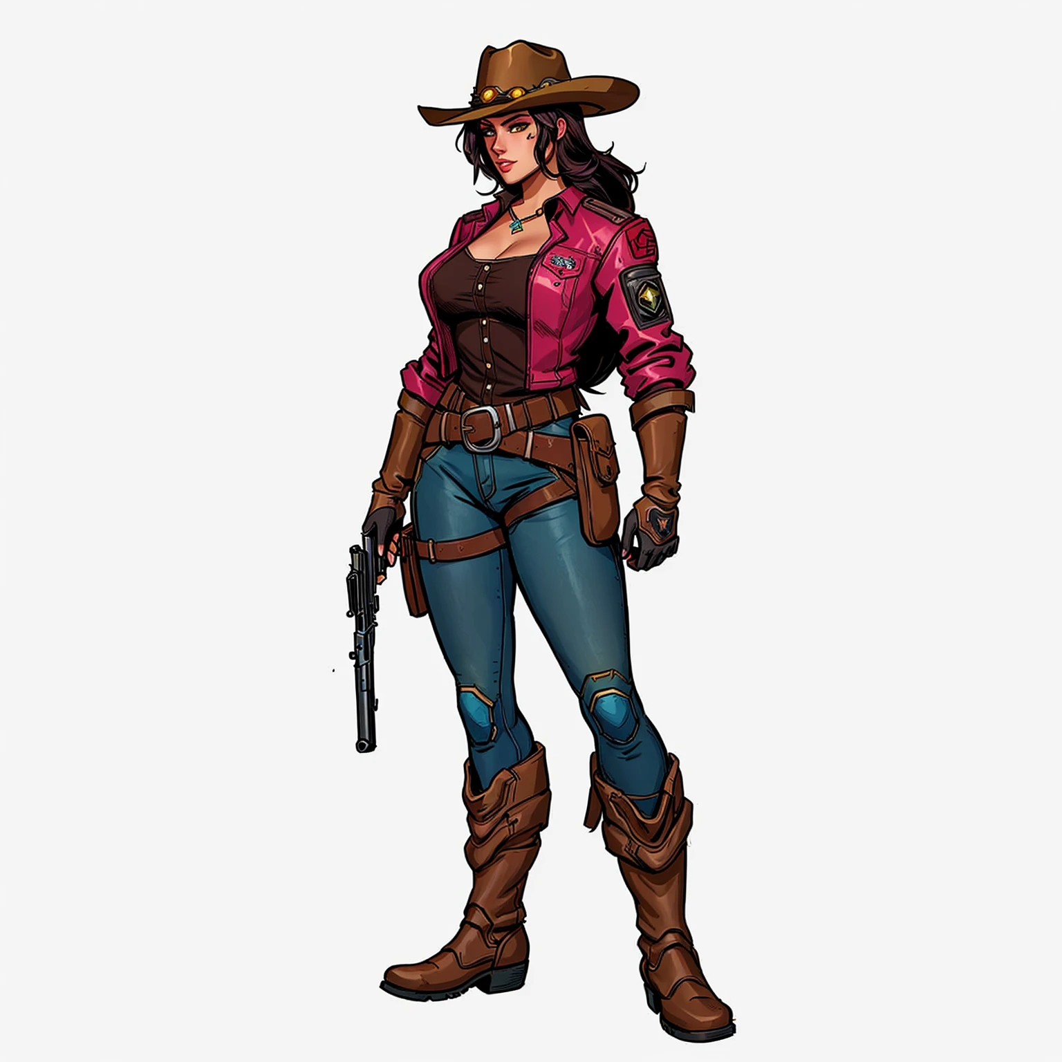 a cartoon of a woman in a cowboy outfit holding a gun, female sheriff, female cowgirl, post - apocalyptic cowgirl, cowgirl, female lead character, mccree from overwatch, character posing for concept art, jesse mccree, cow-girl, western cowgirl, disco elysium character, cyberpunk wild west, female character, western comic book style, official character art